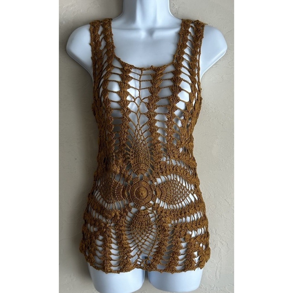 Tree Of Life Sheer Crochet Knit Tank Top One Size Tan Brown‎ Boho Festival NWT